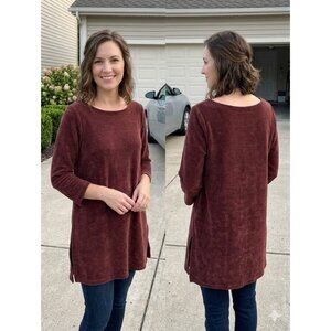 J. Jill Wearever Garnet Burgundy Ribbed Chenille Boat-Neck Tunic Sweater Size S
